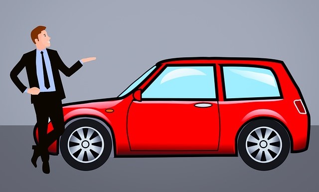 cartoon of man pointing to red car